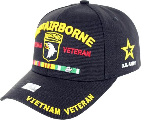 Officially Licensed U.S. Army Military Vietnam Veteran Baseball Cap - 101st Airborne Ribbon Embroidered U.S. Flag Premium Quality Adjustable Hook-and-Loop Closure Hat Black in Saudi Arabia