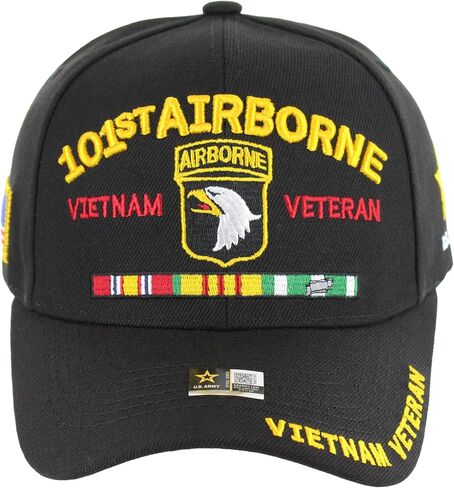 Officially Licensed U.S. Army Military Vietnam Veteran Baseball Cap - 101st Airborne Ribbon Embroidered U.S. Flag Premium Quality Adjustable Hook-and-Loop Closure Hat Black in Saudi Arabia