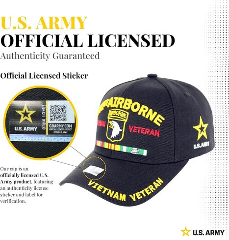 Officially Licensed U.S. Army Military Vietnam Veteran Baseball Cap - 101st Airborne Ribbon Embroidered U.S. Flag Premium Quality Adjustable Hook-and-Loop Closure Hat Black in Saudi Arabia