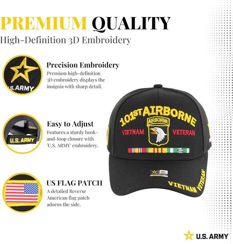 Officially Licensed U.S. Army Military Vietnam Veteran Baseball Cap - 101st Airborne Ribbon Embroidered U.S. Flag Premium Quality Adjustable Hook-and-Loop Closure Hat Black in Saudi Arabia