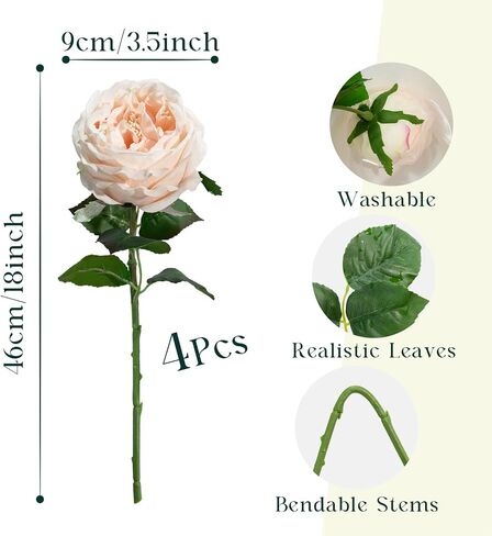 4 Pcs Real Touch Peonies Artificial Flowers, 3.5'' Big Bloom Austin Rose Peony Latex Fake Flower with Stems for Wedding Bouquet Party Valentines Arrangement Home Kitchen (Champagne) in Saudi Arabia