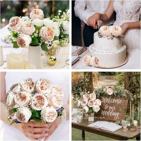 4 Pcs Real Touch Peonies Artificial Flowers, 3.5'' Big Bloom Austin Rose Peony Latex Fake Flower with Stems for Wedding Bouquet Party Valentines Arrangement Home Kitchen (Champagne) in Saudi Arabia