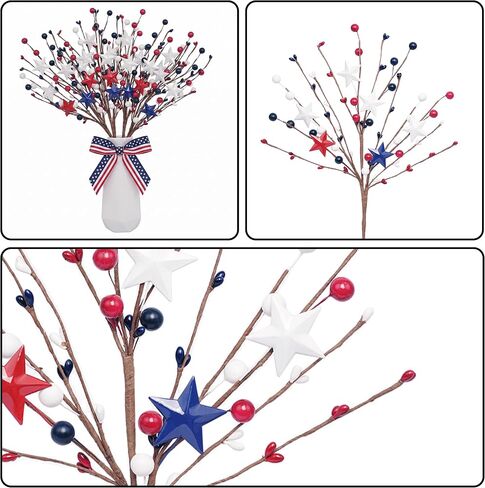 4 Pcs 4th of July Decorations Star Sprays, Red White and Blue Patriotic Decorations, Memorial Day & Fourth of July Outdoor Stems for Table Farmhouse Decor Home Office Restaurant Vase Decor in Saudi Arabia