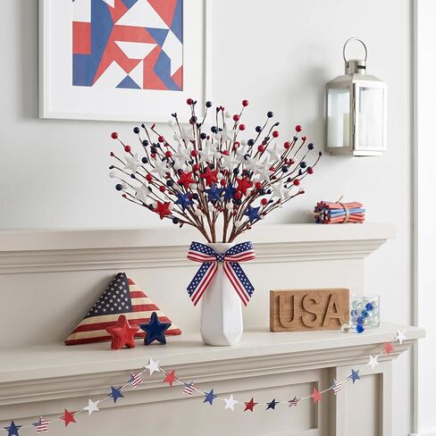 4 Pcs 4th of July Decorations Star Sprays, Red White and Blue Patriotic Decorations, Memorial Day & Fourth of July Outdoor Stems for Table Farmhouse Decor Home Office Restaurant Vase Decor in Saudi Arabia