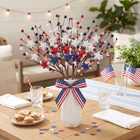 4 Pcs 4th of July Decorations Star Sprays, Red White and Blue Patriotic Decorations, Memorial Day & Fourth of July Outdoor Stems for Table Farmhouse Decor Home Office Restaurant Vase Decor in Saudi Arabia