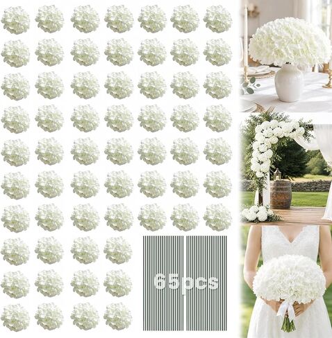 White Hydrangea Artificial Flowers Bulk, 65Pcs Faux Hydrangea Flowers, Silk Hydrangea Flowers with Detachable Stems for Wedding Centerpieces, Home Decor and Party Decorations in Kuwait