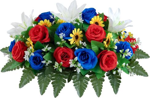 MOOMASS Cemetery Flowers Artificial 2 Sets,Red Blue Roses and White Lily Bouquet for Graves, Outdoor Memorial Decor - Realistic, Fade Proof, Non-Bleed Colors, Easy Fit Grave Vase (red, Blue, White) in Kuwait