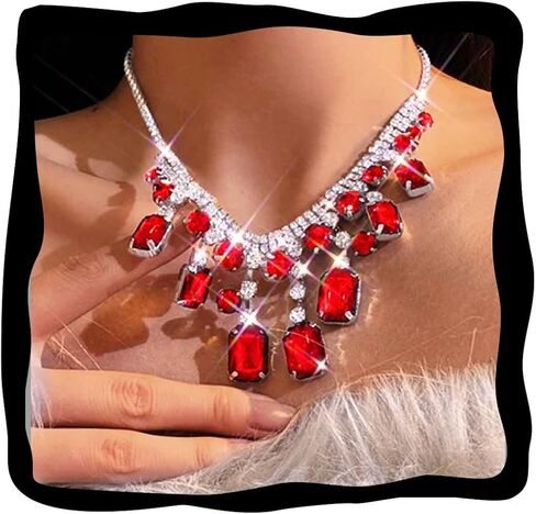 GRAEEN Red Rhinestone Necklace Crystal Pendant Choker Necklaces Jewelry Prom Rave Costume Neck Chain for Women (Style A, Red) in Saudi Arabia