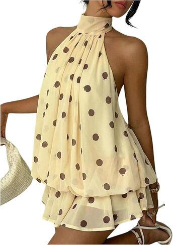 SHENHE Women's Halter Polka Dots Mini Dress Wedding Guest Holiday Backless Bubble Ruffle Hem Party Dress in Saudi Arabia