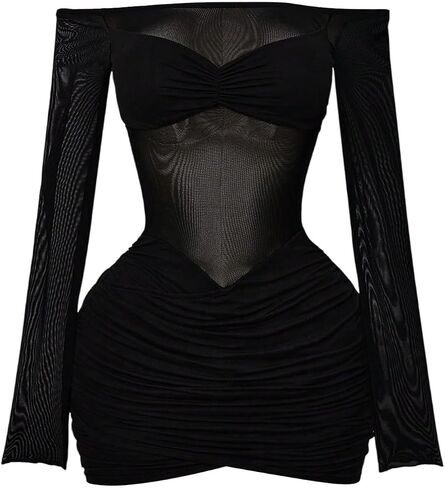 RoseSeek Women's Sheer Off Shoulder Dress Ruched Front Bodycon Mini Dress Long Sleeve Dresses Baddie Outfits in Kuwait