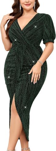 Plus Size Sparkly Party Dress Sexy V Neck Puff Short Sleeve Ruched Bodycon Midi Cocktail Evening Wedding Guest in Saudi Arabia