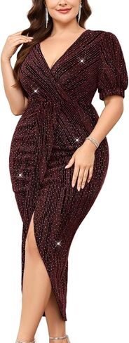 Plus Size Sparkly Party Dress Sexy V Neck Puff Short Sleeve Ruched Bodycon Midi Cocktail Evening Wedding Guest in Kuwait