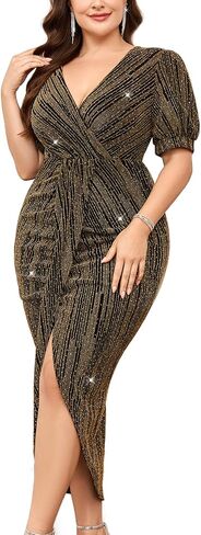 Plus Size Sparkly Party Dress Sexy V Neck Puff Short Sleeve Ruched Bodycon Midi Cocktail Evening Wedding Guest in Kuwait