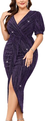 Plus Size Sparkly Party Dress Sexy V Neck Puff Short Sleeve Ruched Bodycon Midi Cocktail Evening Wedding Guest in Kuwait