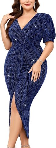 Plus Size Sparkly Party Dress Sexy V Neck Puff Short Sleeve Ruched Bodycon Midi Cocktail Evening Wedding Guest in Kuwait