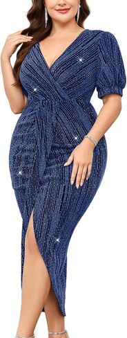 Plus Size Sparkly Party Dress Sexy V Neck Puff Short Sleeve Ruched Bodycon Midi Cocktail Evening Wedding Guest in Kuwait