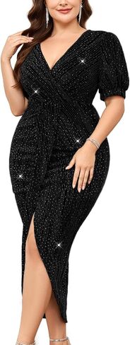 Plus Size Sparkly Party Dress Sexy V Neck Puff Short Sleeve Ruched Bodycon Midi Cocktail Evening Wedding Guest in Kuwait