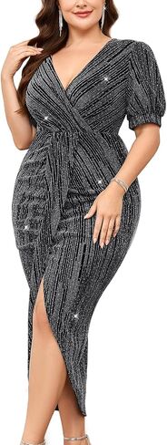 Plus Size Sparkly Party Dress Sexy V Neck Puff Short Sleeve Ruched Bodycon Midi Cocktail Evening Wedding Guest in Kuwait