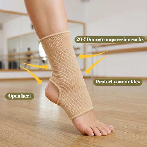Twistover 8 Pack Dance Ankle Support Sleeves Open Heel Compression Socks, Ankle Wrap Brace Slip on Foot Compression Sleeves for Ballet Dance Yoga Women Men - 20-30mmhg, Beige in Kuwait