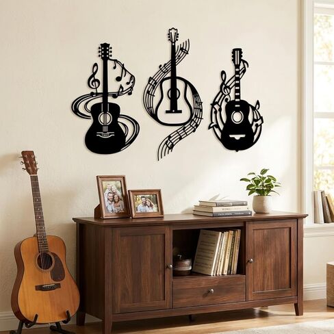 Yerliker 3 Pcs Metal Guitar Wall Art Decor Black Musical Note Wall Music Sign Hanging Decor Music Lover Gift for Home Living Room Bedroom Classroom Studio Birthday Party Decoration in Kuwait