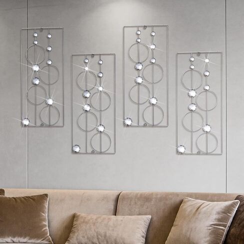 Hicarer 4 Pcs Abstract Silver Wall Art for Home Decoration Metal Bling Crystal Rhinestones Wall Decor Sparkling Rhinestone Art Accent Silver Decoration for Living Room Bedroom Bathroom Office in Kuwait