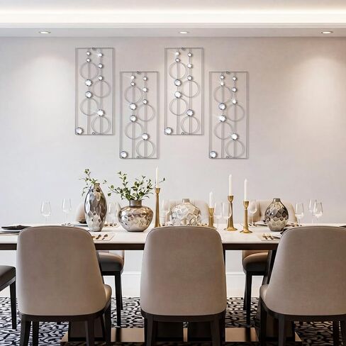 Hicarer 4 Pcs Abstract Silver Wall Art for Home Decoration Metal Bling Crystal Rhinestones Wall Decor Sparkling Rhinestone Art Accent Silver Decoration for Living Room Bedroom Bathroom Office in Kuwait