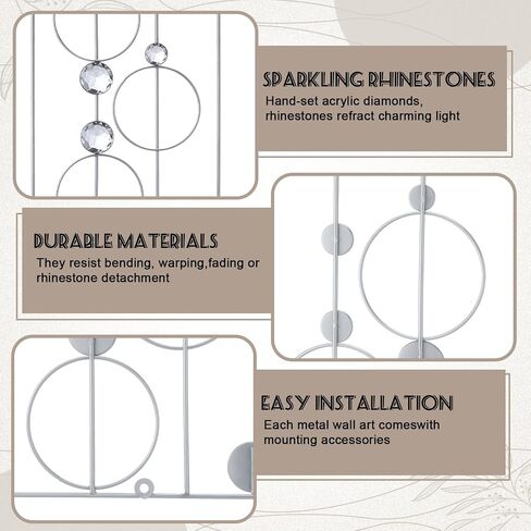 Hicarer 4 Pcs Abstract Silver Wall Art for Home Decoration Metal Bling Crystal Rhinestones Wall Decor Sparkling Rhinestone Art Accent Silver Decoration for Living Room Bedroom Bathroom Office in Kuwait