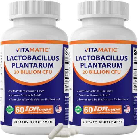 Vitamatic Lactobacillus Plantarum - 20 مليار لكل كبسولة DR - 60 عددًا - دعم الجهاز الهضمي - مصنوع من ألياف الإنولين البريبايوتيك - عبوتان in Kuwait