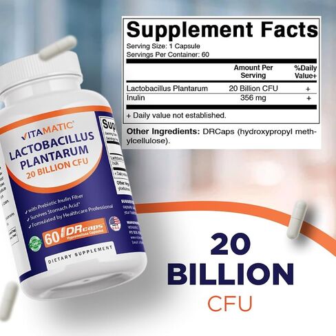 Vitamatic Lactobacillus Plantarum - 20 مليار لكل كبسولة DR - 60 عددًا - دعم الجهاز الهضمي - مصنوع من ألياف الإنولين البريبايوتيك - عبوتان in Kuwait