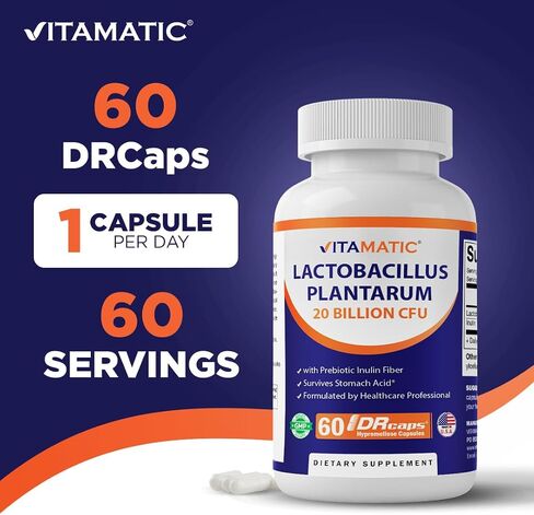 Vitamatic Lactobacillus Plantarum - 20 مليار لكل كبسولة DR - 60 عددًا - دعم الجهاز الهضمي - مصنوع من ألياف الإنولين البريبايوتيك - عبوتان in Kuwait