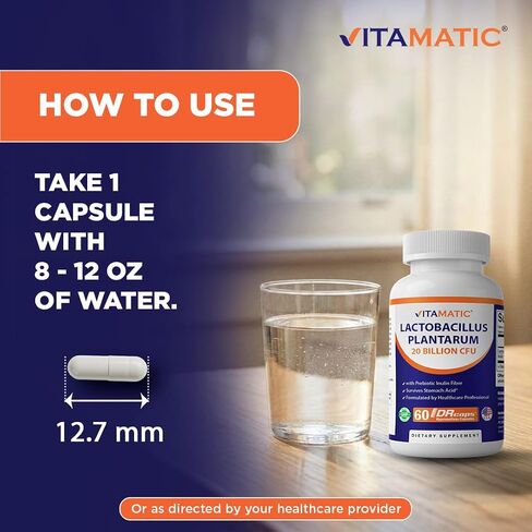Vitamatic Lactobacillus Plantarum - 20 مليار لكل كبسولة DR - 60 عددًا - دعم الجهاز الهضمي - مصنوع من ألياف الإنولين البريبايوتيك - عبوتان in Kuwait