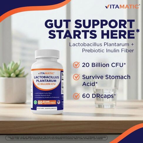 Vitamatic Lactobacillus Plantarum - 20 مليار لكل كبسولة DR - 60 عددًا - دعم الجهاز الهضمي - مصنوع من ألياف الإنولين البريبايوتيك - عبوتان in Kuwait
