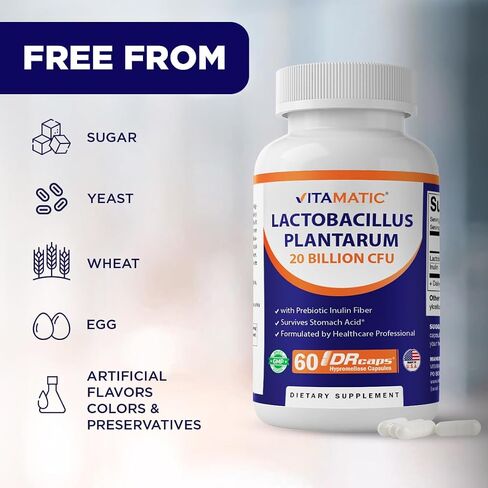 Vitamatic Lactobacillus Plantarum - 20 مليار لكل كبسولة DR - 60 عددًا - دعم الجهاز الهضمي - مصنوع من ألياف الإنولين البريبايوتيك - عبوتان in Kuwait