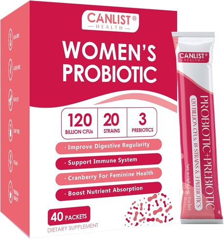 CANLIST Women's Probiotic Powder - 120 Billion CFUs, 20 Strains, Cranberry Extract & 3 Prebiotics, Help for Immune Booster, Digestive Health, Vaginal & Urinary Health, 40 Packets in Saudi Arabia