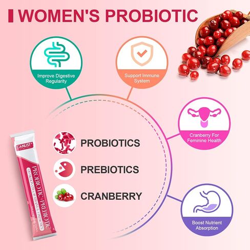 CANLIST Women's Probiotic Powder - 120 Billion CFUs, 20 Strains, Cranberry Extract & 3 Prebiotics, Help for Immune Booster, Digestive Health, Vaginal & Urinary Health, 40 Packets in Saudi Arabia