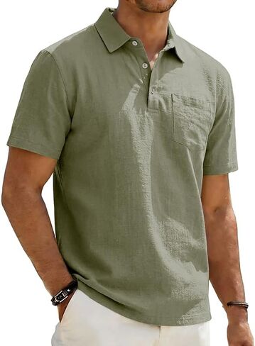 Mens Polo Shirts Short Sleeve Golf Shirts for Men Linen Casual Summer Classic Collar Shirts with Pocket in Saudi Arabia