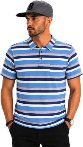 Men’s Striped Polo Shirt Short Sleeve Casual Collared T Shirt Soft Breathable Cotton Blend Summer Golf Polo Tee with Pocket in Kuwait