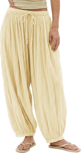 Jenkoon Womens Balloon Pants Summer Flowy Wide Leg Pants Cotton Blend Drawstring Vacation Beach Pants(Yellow,S) in Saudi Arabia