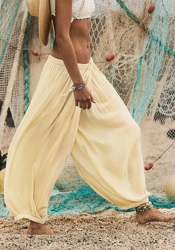 Jenkoon Womens Balloon Pants Summer Flowy Wide Leg Pants Cotton Blend Drawstring Vacation Beach Pants(Yellow,S) in Saudi Arabia