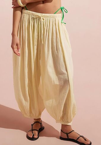 Jenkoon Womens Balloon Pants Summer Flowy Wide Leg Pants Cotton Blend Drawstring Vacation Beach Pants(Yellow,S) in Saudi Arabia