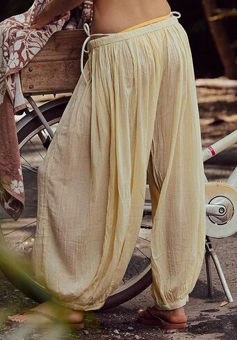 Jenkoon Womens Balloon Pants Summer Flowy Wide Leg Pants Cotton Blend Drawstring Vacation Beach Pants(Yellow,S) in Saudi Arabia