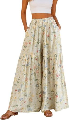Womens Wide Leg Pants 2026 Summer Floral Elastic Waist Palazzo Pants Boho Flowy Palazzo Trousers Casual Outfits in Saudi Arabia