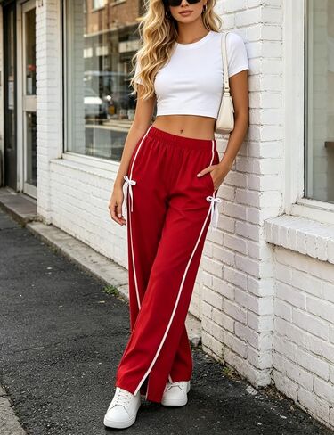 Athlisan Womens Striped Wide Leg Palazzo Pants Casual Elastic Waisted Bow Workout Track Pants with Pockets in Saudi Arabia