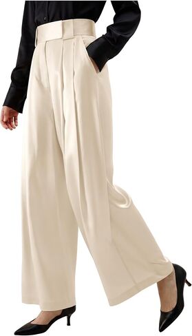 Silk Satin Womens Pants Trendy Dressy High Waisted Pants for Women Casual Wide Leg Trousers with Pockets in Saudi Arabia