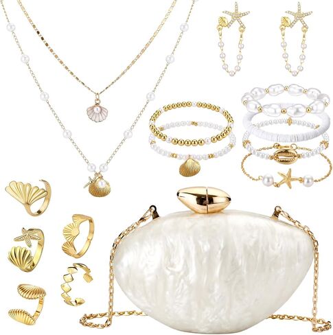 Tondiamo 14 Pcs Seashell Starfish Jewelry Set with Seashell Purse Starfish Pearl Earrings Rings Boho Layer Charm Necklace Summer Beach Bracelet Mermaid Costume Accessories for Women Holiday Vacation in Kuwait