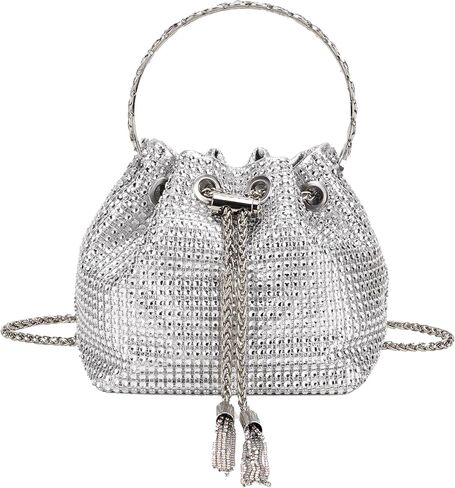 Silver Rhinestone Bucket Bag for Women - Bling Crystal Crossbody Purse with Chain Strap, Sparkly Drawstring Evening Clutch for Wedding Prom Party (Silver) in Saudi Arabia