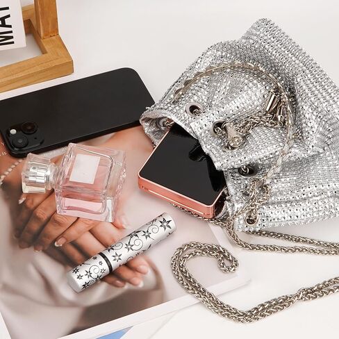 Silver Rhinestone Bucket Bag for Women - Bling Crystal Crossbody Purse with Chain Strap, Sparkly Drawstring Evening Clutch for Wedding Prom Party (Silver) in Saudi Arabia