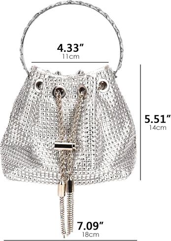 Silver Rhinestone Bucket Bag for Women - Bling Crystal Crossbody Purse with Chain Strap, Sparkly Drawstring Evening Clutch for Wedding Prom Party (Silver) in Saudi Arabia