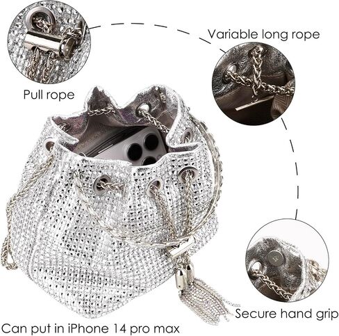 Silver Rhinestone Bucket Bag for Women - Bling Crystal Crossbody Purse with Chain Strap, Sparkly Drawstring Evening Clutch for Wedding Prom Party (Silver) in Saudi Arabia