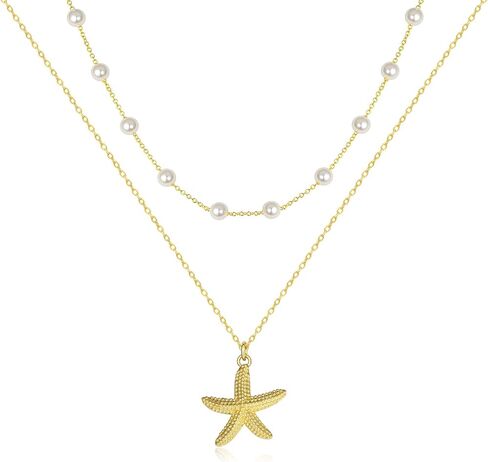 Beach Layered Necklaces for Women, 14K Gold Ocean Jewelry Starfish Seashell Turtle Shark Tooth with Pearl Pendant, Summer Beach Theme Gifts for Women in Saudi Arabia